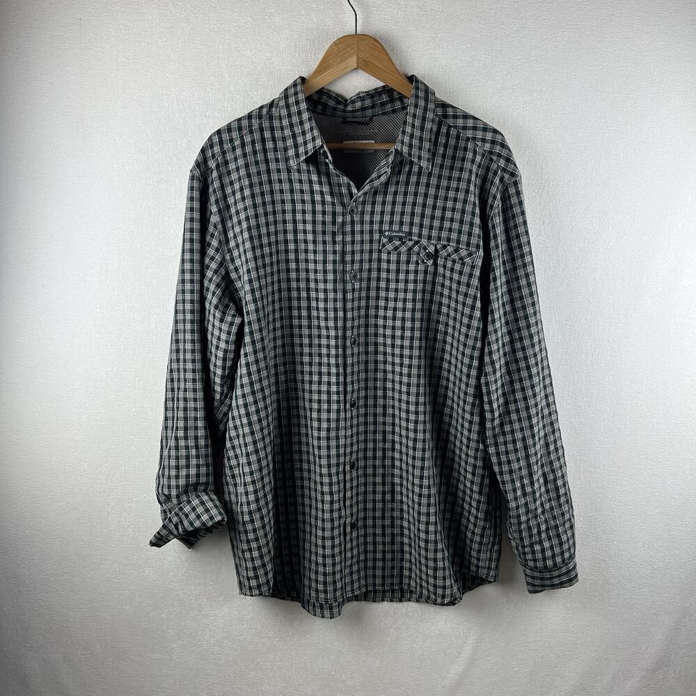 Columbia Shirt Men’s Large Gray Black Plaid Omni Shade Sun Protection